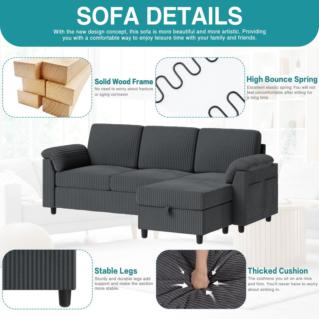 Walsunny 3 Seat L-Shaped Sectional Sofa With Movable Ottoman#color_dark-grey