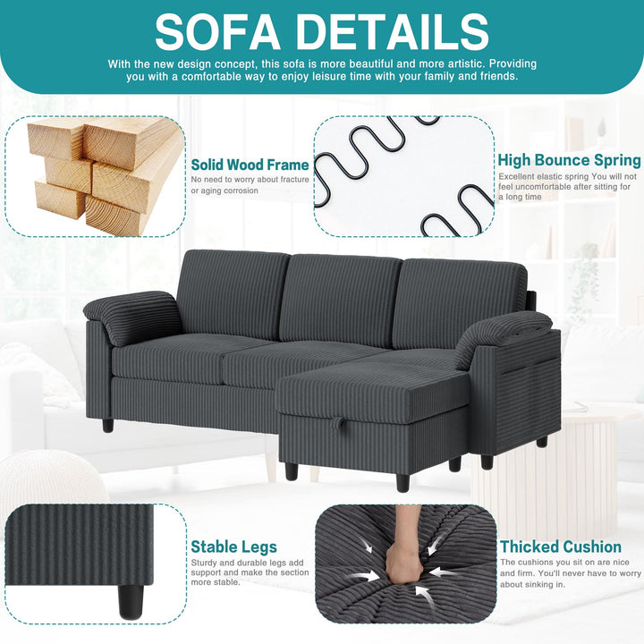 Walsunny 3 Seat L-Shaped Sectional Sofa With Movable Ottoman#color_dark-grey