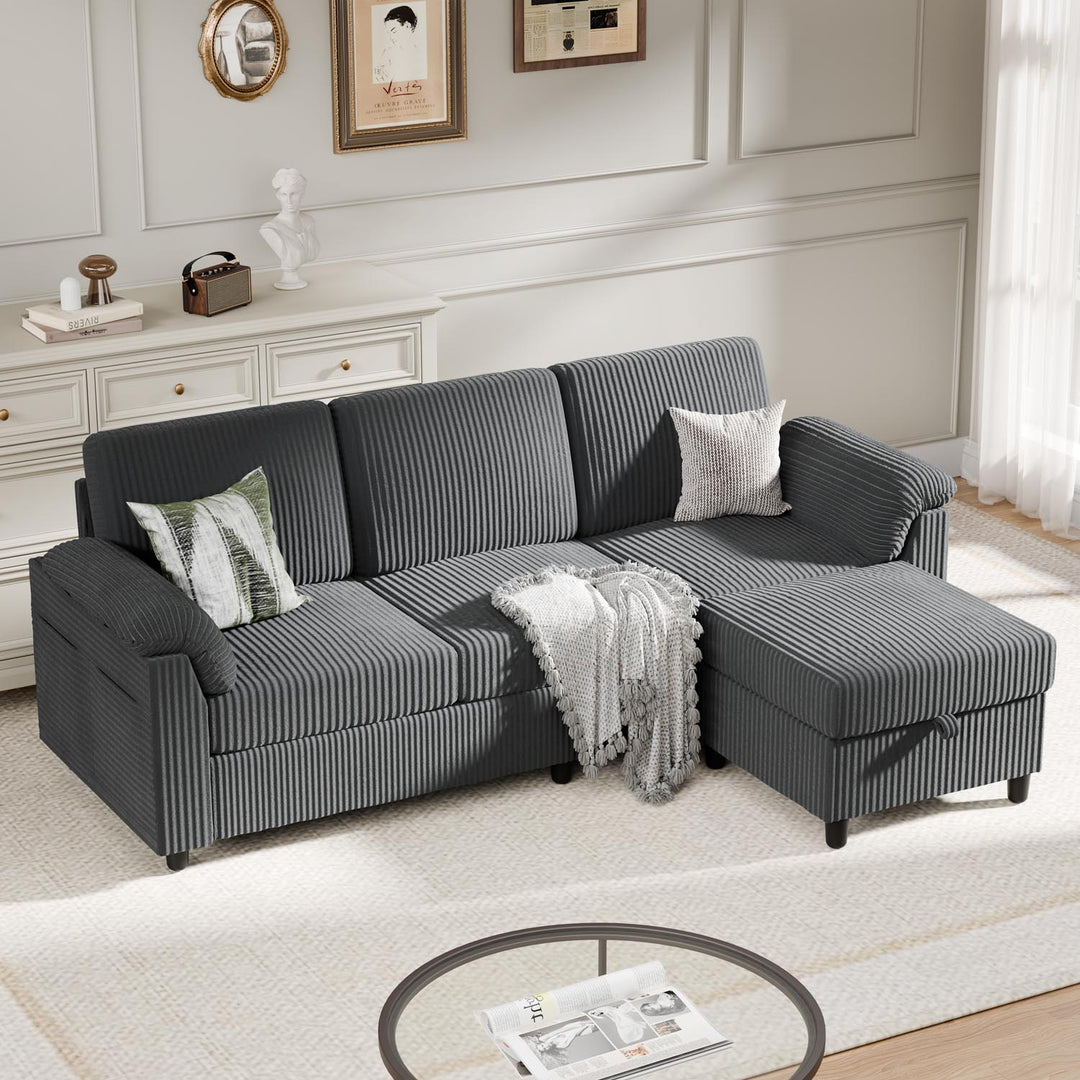 Walsunny 3 Seat L-Shaped Sectional Sofa With Movable Ottoman#color_dark-grey