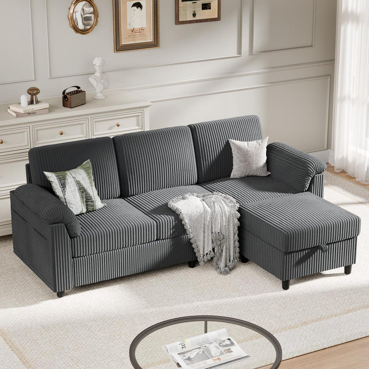 Walsunny 3 Seat L-Shaped Sectional Sofa With Movable Ottoman#color_dark-grey