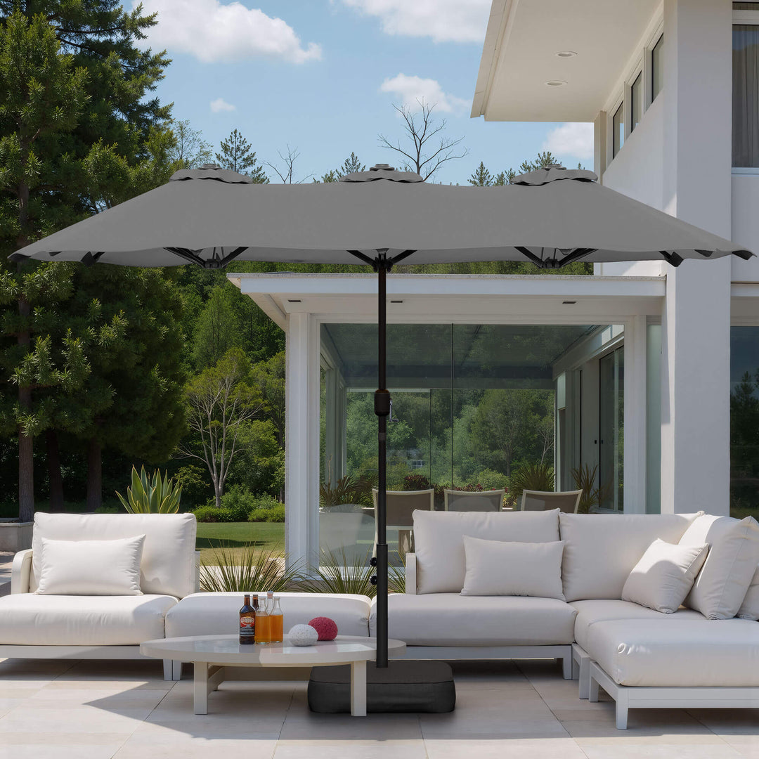 15 ft Extra Large Patio Umbrella with Base Included, Double Sided Outdoor Rectangular Patio Umbrella with Crank Handle for Pool Garden Backyard, Beige 15 ft Extra Large Patio Umbrella with Base Included, Double Sided Outdoor Rectangular Patio Umbrella with Crank Handle for Pool Garden Backyard, Beige