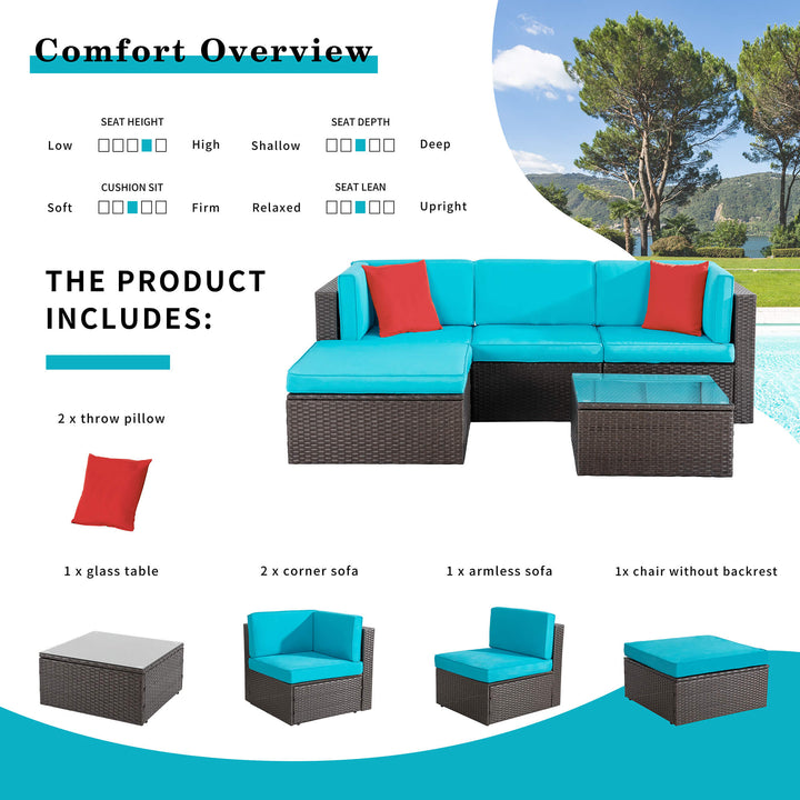 Walsunny Patio Furniture 5 Pieces PE Wicker Outdoor Sectional Sofa Set With Ottoman