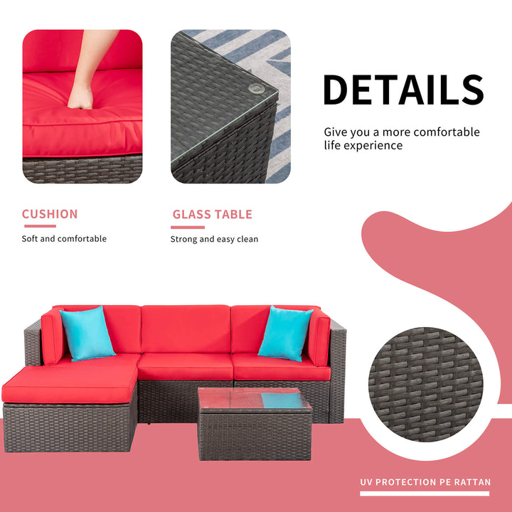 Walsunny Patio Furniture 5 Pieces PE Wicker Outdoor Sectional Sofa Set With Ottoman