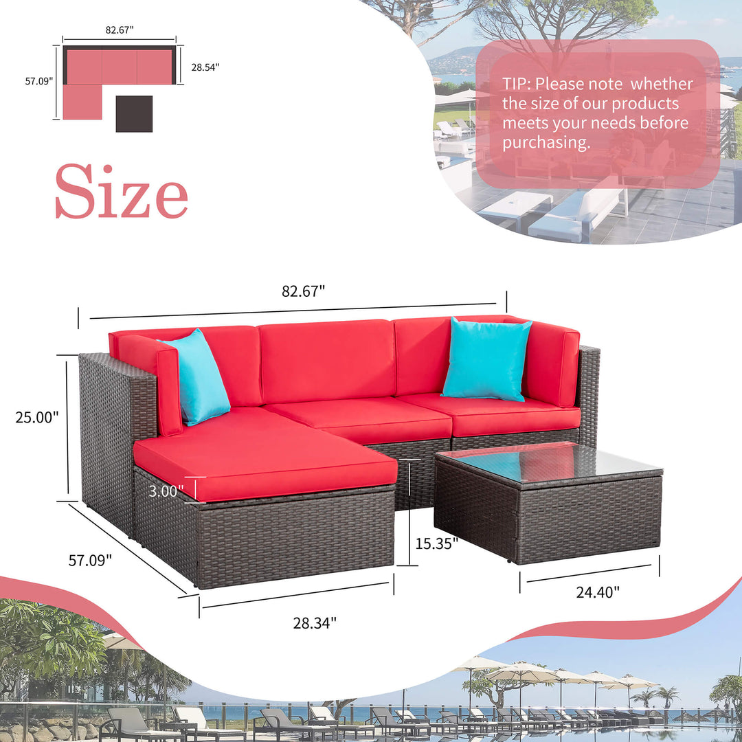 Walsunny Patio Furniture 5 Pieces PE Wicker Outdoor Sectional Sofa Set With Ottoman