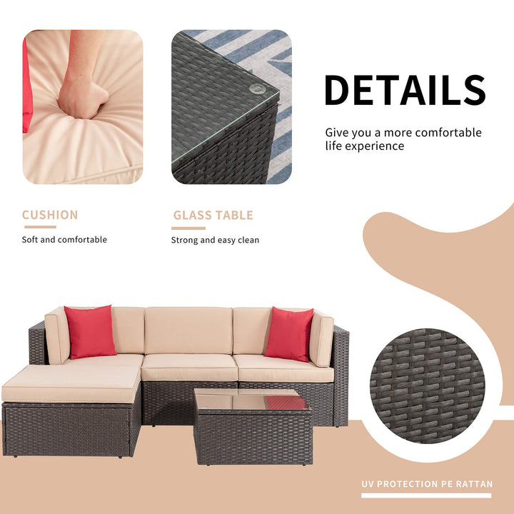 Walsunny Patio Furniture 5 Pieces PE Wicker Outdoor Sectional Sofa Set With Ottoman