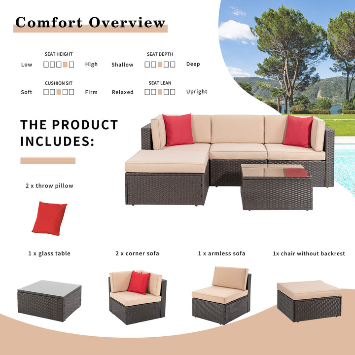 Walsunny Patio Furniture 5 Pieces PE Wicker Outdoor Sectional Sofa Set With Ottoman
