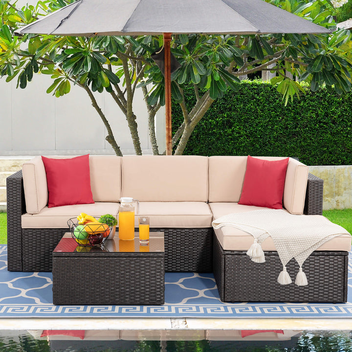 Walsunny Patio Furniture 5 Pieces PE Wicker Outdoor Sectional Sofa Set With Ottoman