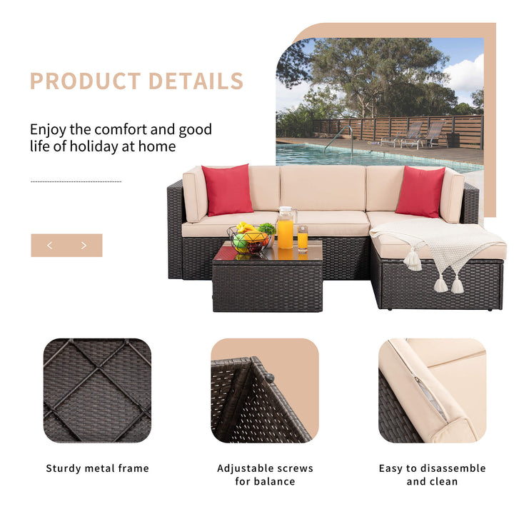 Walsunny Patio Furniture 5 Pieces PE Wicker Outdoor Sectional Sofa Set With Ottoman