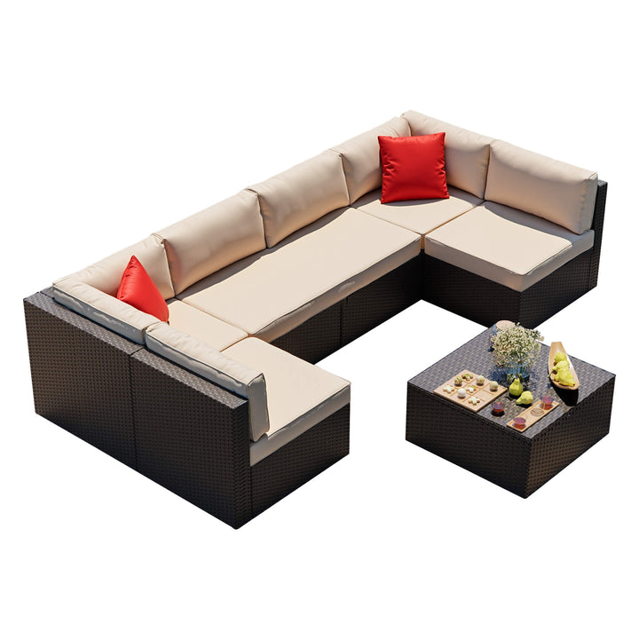 Walsunny Patio Furniture 7 Pieces PE Wicker Outdoor Sectional Sofa Set