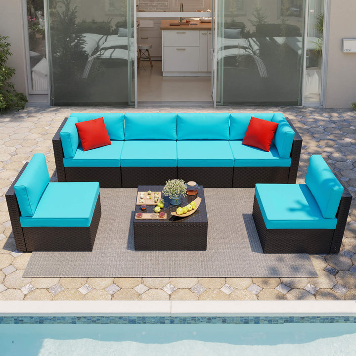 Walsunny Patio Furniture 7 Pieces PE Wicker Outdoor Sectional Sofa Set