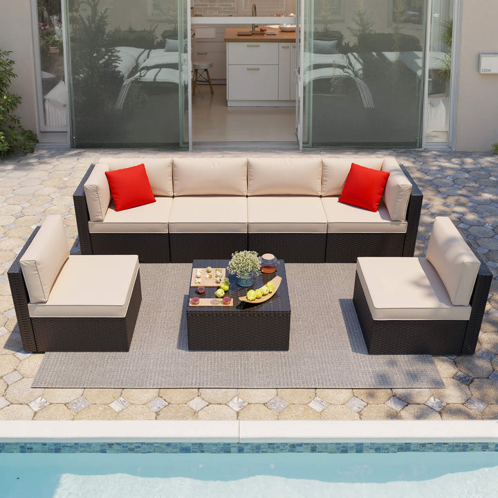 Walsunny Patio Furniture 7 Pieces PE Wicker Outdoor Sectional Sofa Set