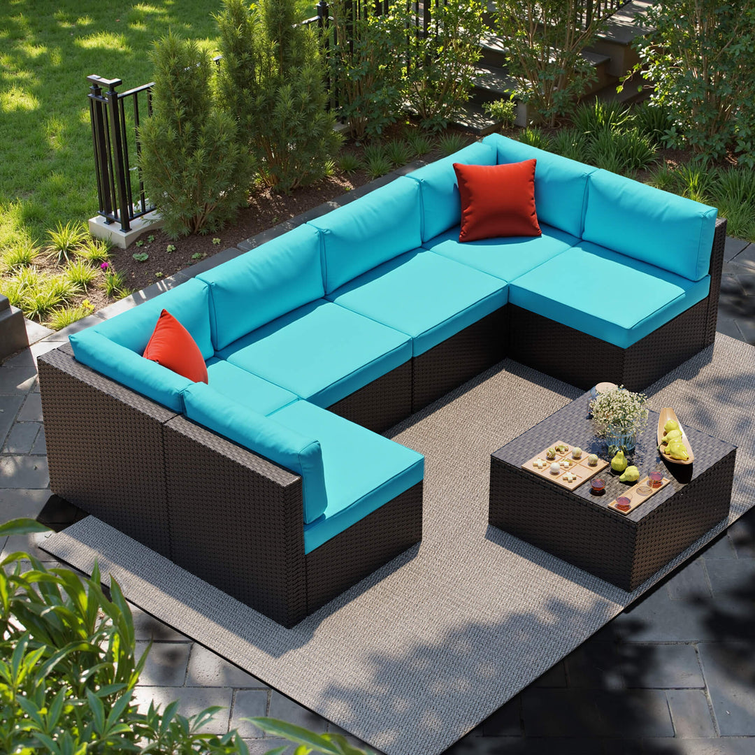 Walsunny Patio Furniture 7 Pieces PE Wicker Outdoor Sectional Sofa Set