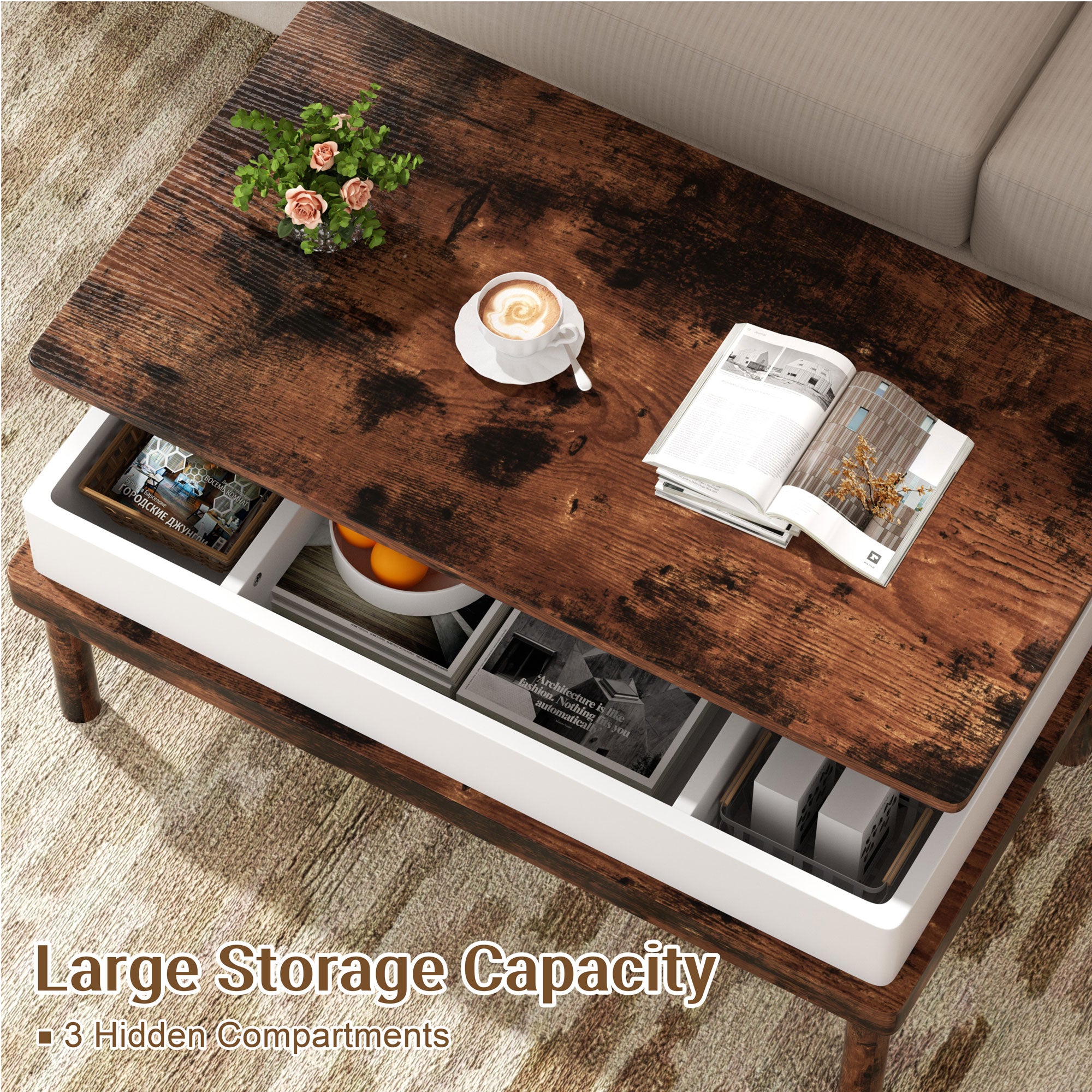 Walsunny Wood Lift Top Coffee Table with Hidden Compartment, Rising Ta