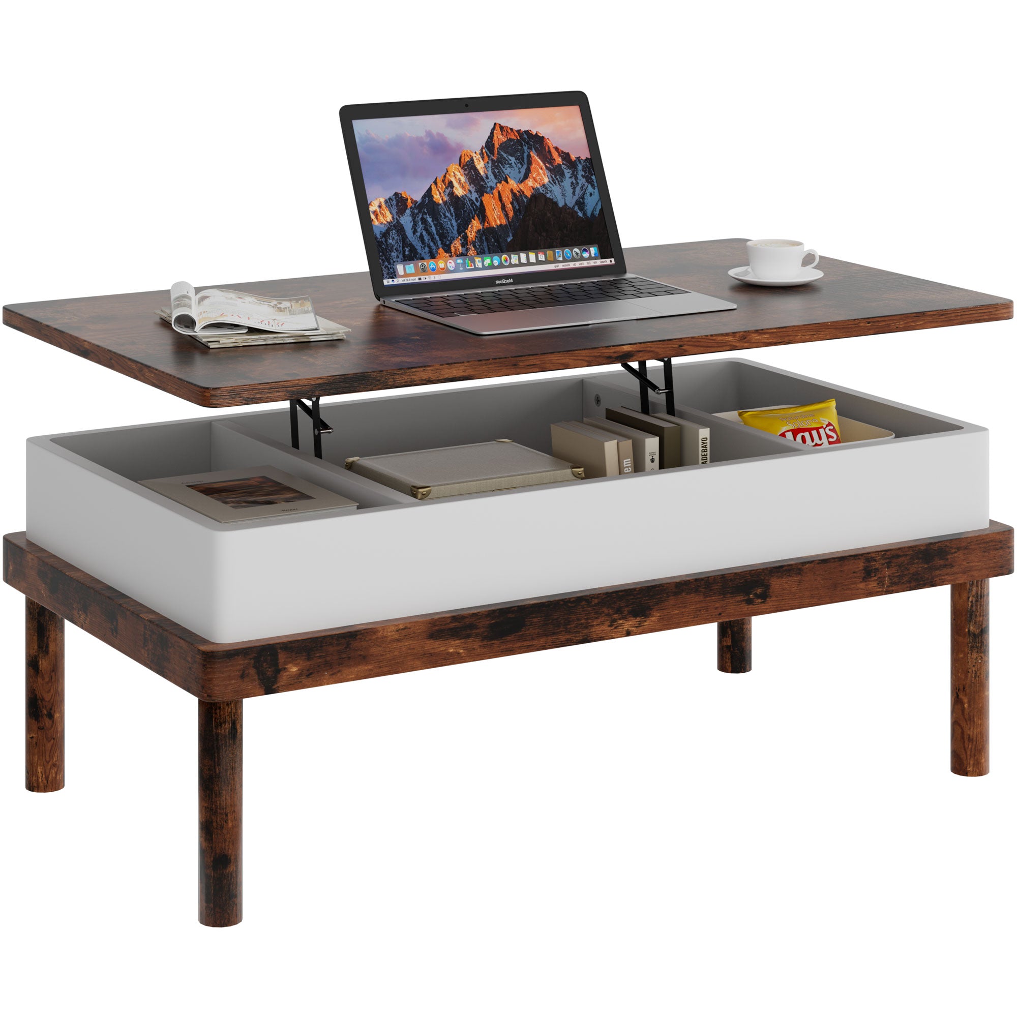 Walsunny Wood Lift Top Coffee Table with Hidden Compartment, Rising Ta