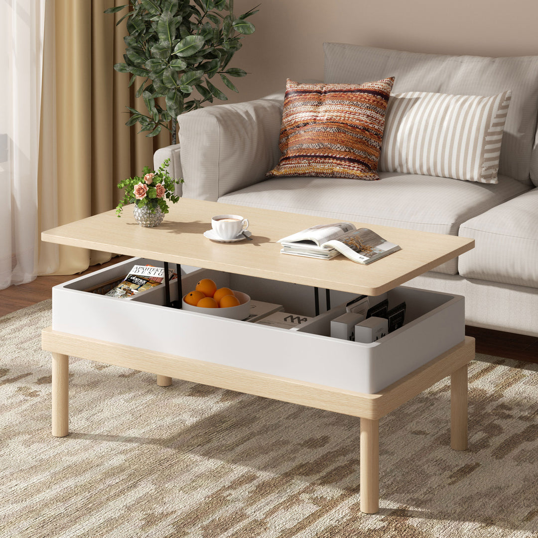 Walsunny Wood Lift Top Coffee Table with Hidden Compartment, Rising Tabletop Dining Table