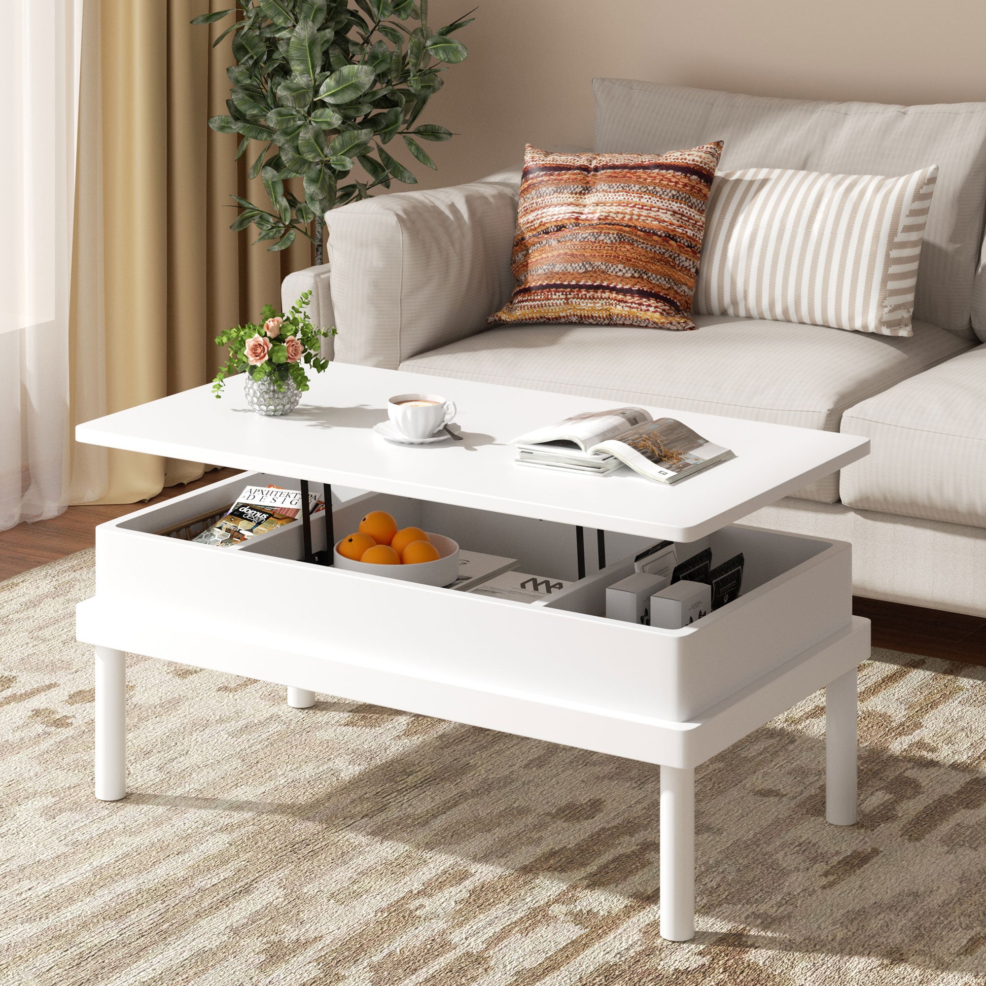 Walsunny Wood Lift Top Coffee Table with Hidden Compartment, Rising Ta