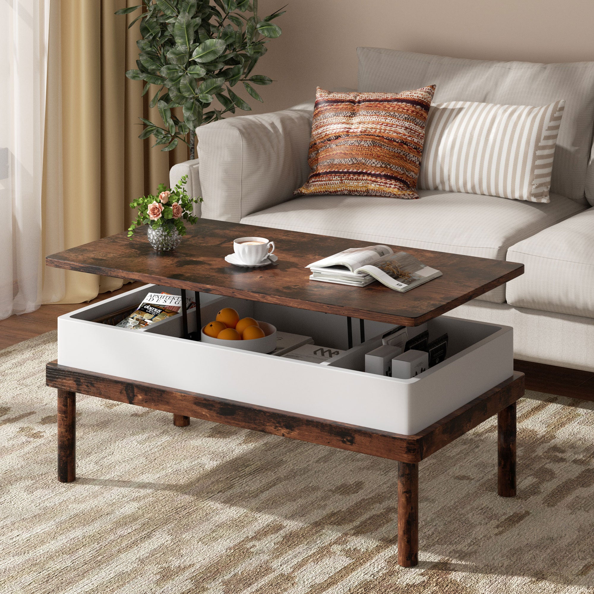Walsunny Wood Lift Top Coffee Table with Hidden Compartment, Rising Ta