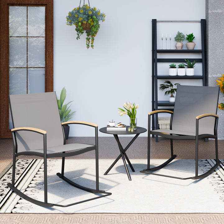 Walsunny 3 Pieces Patio Set Outdoor Patio Furniture Sets Modern Rocking Bistro Set Textilene Chair Conversation Sets Black