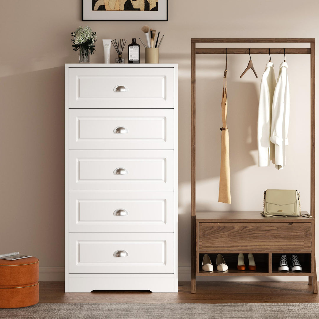 Walsunny 5 Drawers Dresser for Bedroom, Wood Farmhouse Drawer Chest, Tall Dresser Storage, Dressers Organizer for Nursery, Hallway, White/Black Walsunny 5 Drawers Dresser for Bedroom, Wood Farmhouse Drawer Chest, Tall Dresser Storage, Dressers Organizer for Nursery, Hallway, White/Black