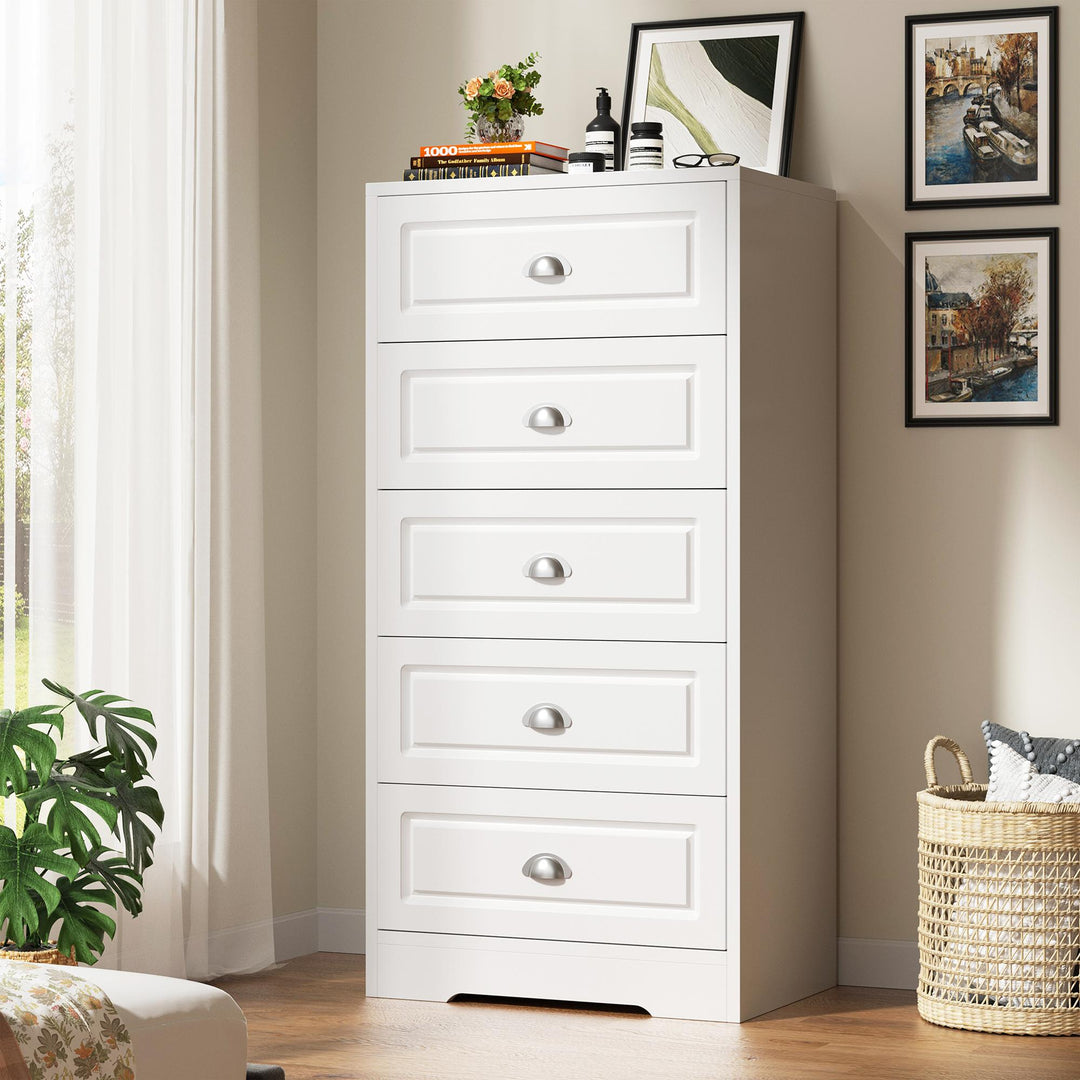 Walsunny 5 Drawers Dresser for Bedroom, Wood Farmhouse Drawer Chest, Tall Dresser Storage, Dressers Organizer for Nursery, Hallway, White/Black Walsunny 5 Drawers Dresser for Bedroom, Wood Farmhouse Drawer Chest, Tall Dresser Storage, Dressers Organizer for Nursery, Hallway, White/Black