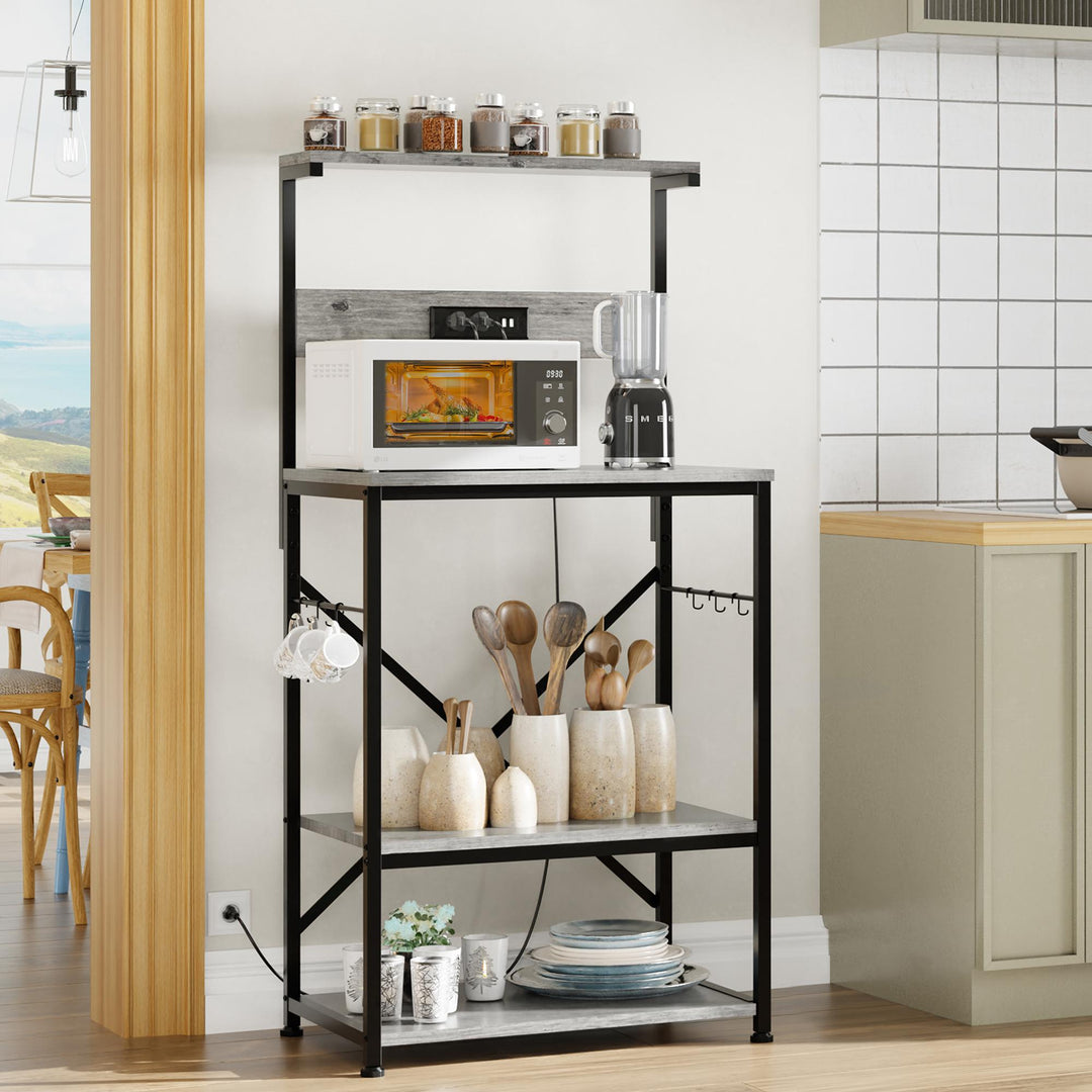 Walsunny 23.6" Bakers Rack with Power Outlet, Kitchen Organizers and Storage with 6 Hooks,  Kitchen Shelf, Coffee Station Cabinet, Wooden