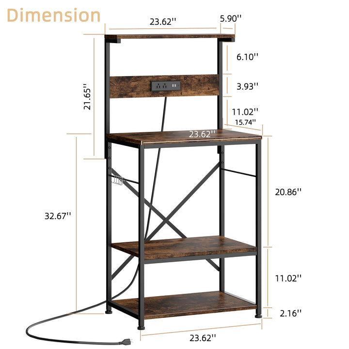 Walsunny 23.6" Bakers Rack with Power Outlet, Kitchen Organizers and Storage with 6 Hooks,  Kitchen Shelf, Coffee Station Cabinet, Wooden