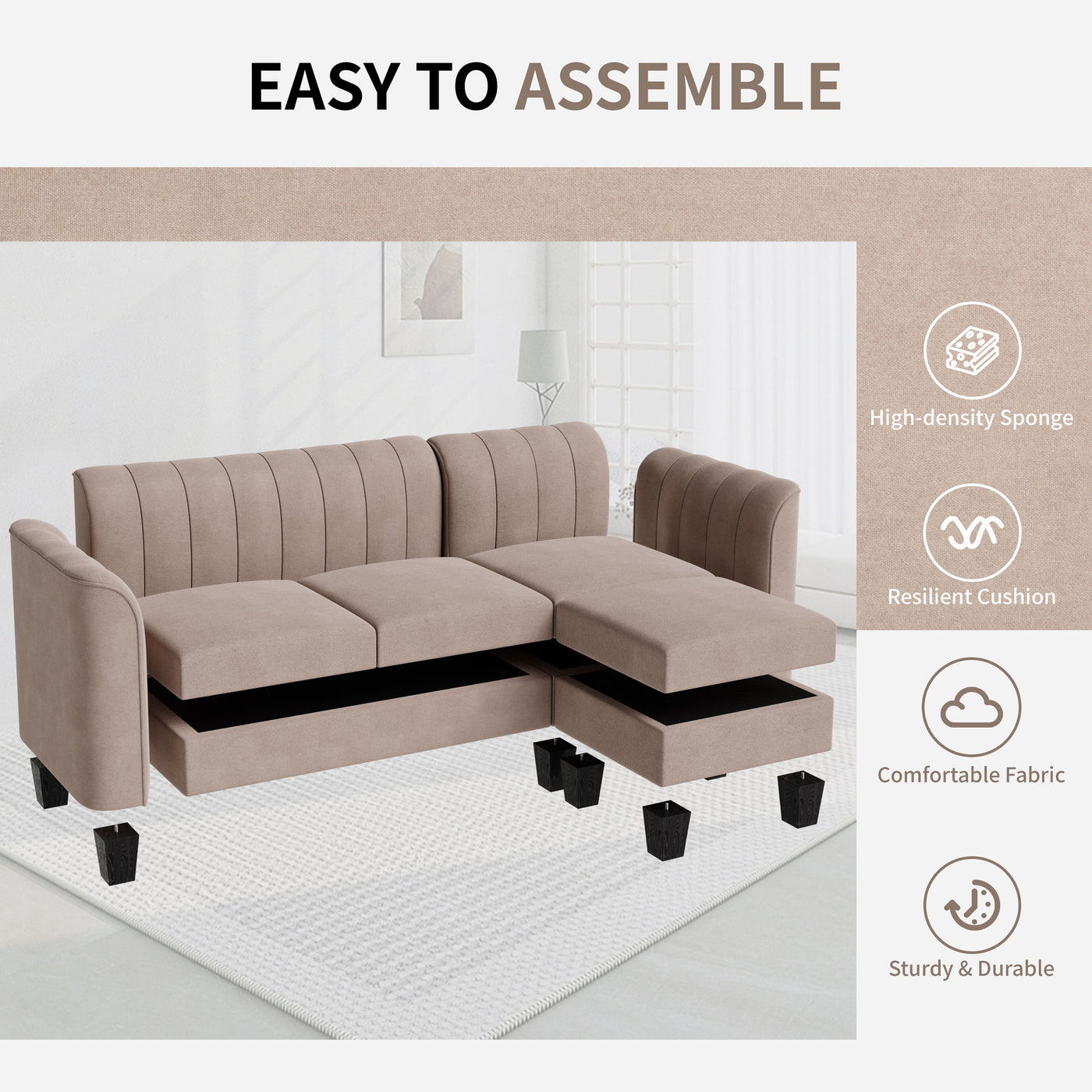 Walsunny 3 Seat L Shaped Sofa with High Armrest Upgraded Convertible Sectional Sofa