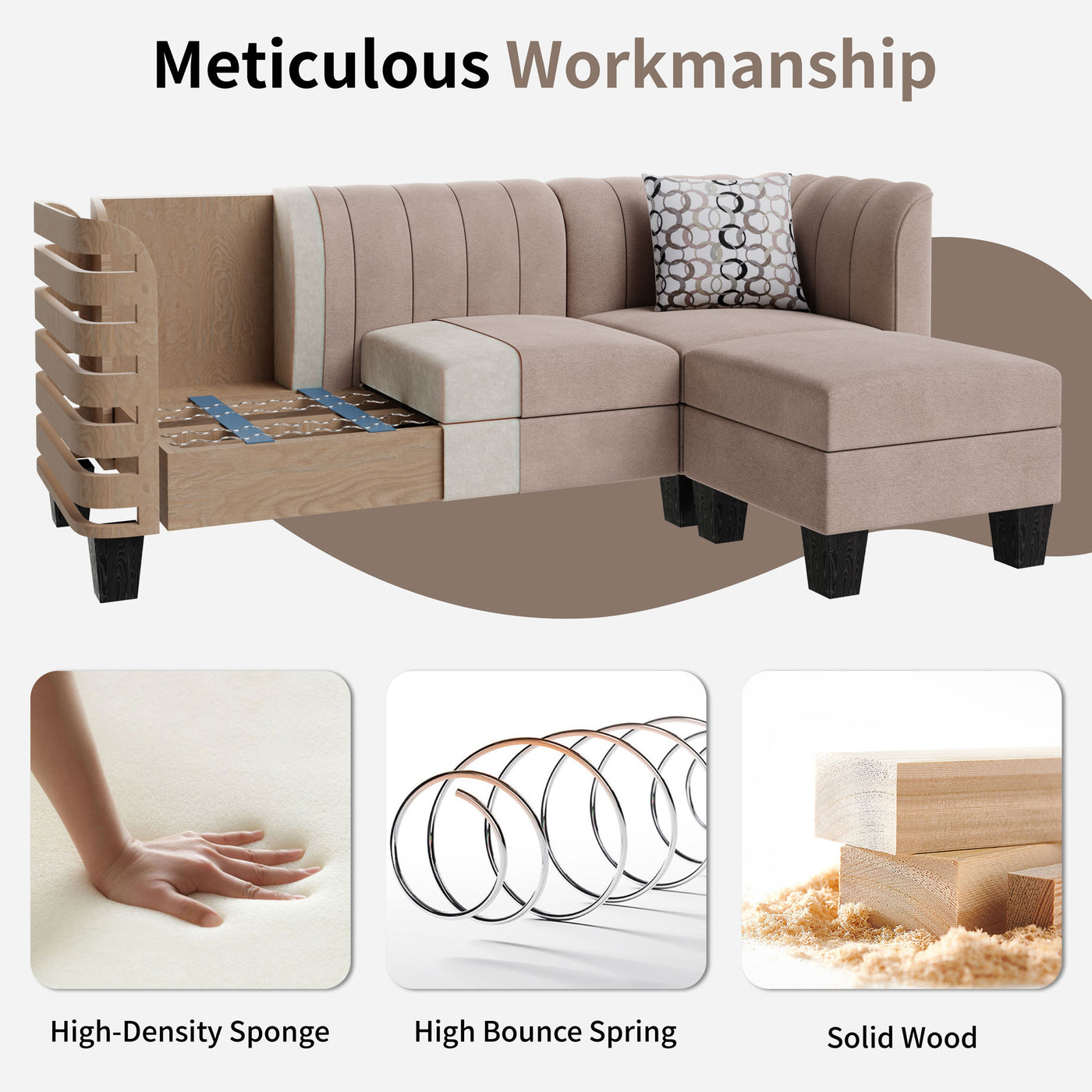 Walsunny 3 Seat L Shaped Sofa with High Armrest Upgraded Convertible Sectional Sofa