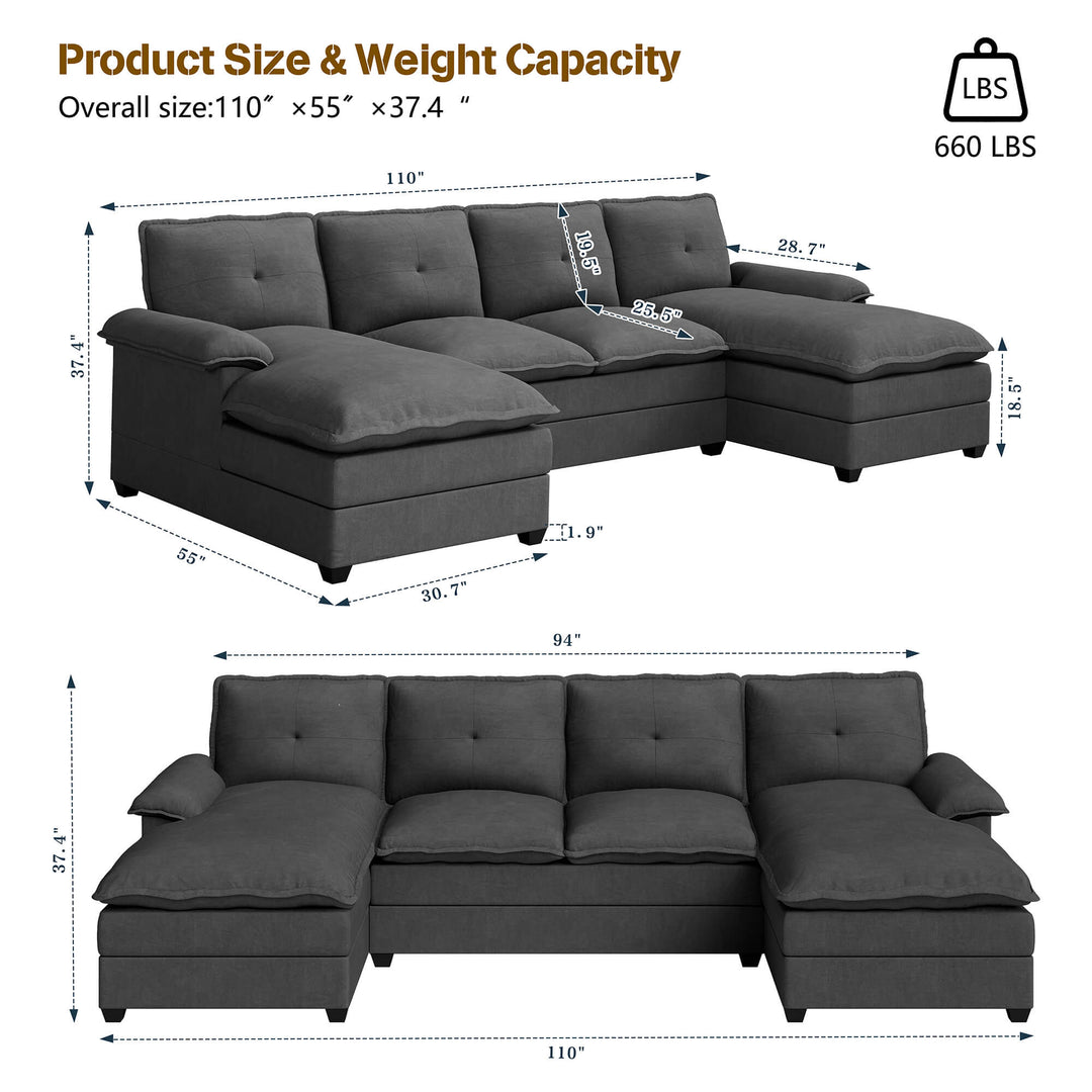 WALSUNNY 109'' U-shaped Sectional cloud-like Sofa Couches #color_black