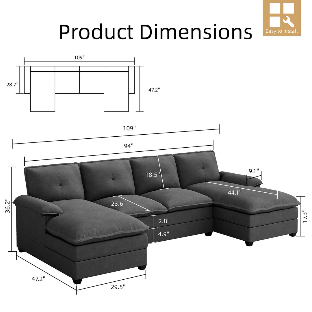 WALSUNNY 109'' U-shaped Sectional cloud-like Sofa Couches #color_black