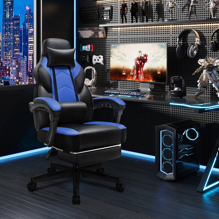 Walsunny Gaming Chairs with Footrest, Massage Leather Game Chair for Adults Big and Tall Gamer Chair with Headrest and Lumbar Support with Ergonomic PU Leather