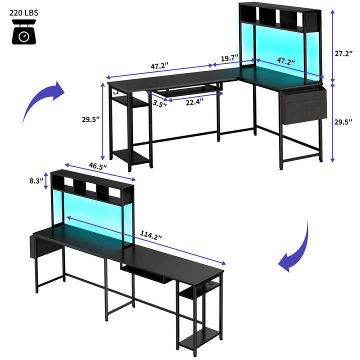 Walsunny Small L Shaped Gaming Desk with LED Lights & Power Outlets, Reversible L-Shaped Computer Desk with Monitor Stand & Storage Shelf