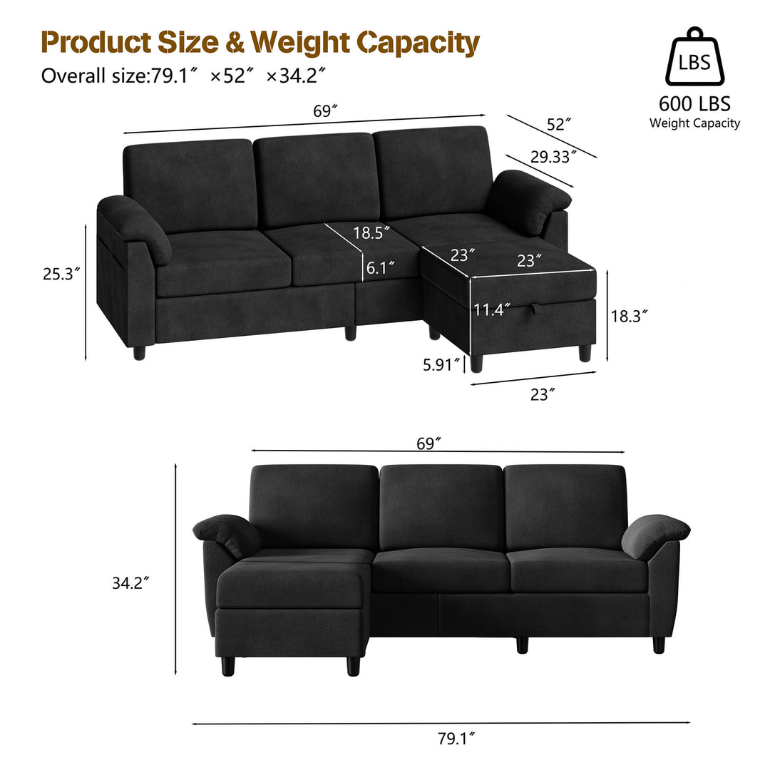 Walsunny 3 Seat L-Shaped Sectional Sofa With Movable Ottoman#color_black