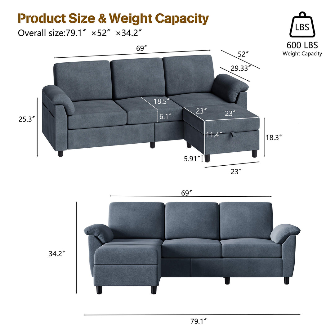 Walsunny 3 Seat L-Shaped Sectional Sofa With Movable Ottoman#color_dark-grey