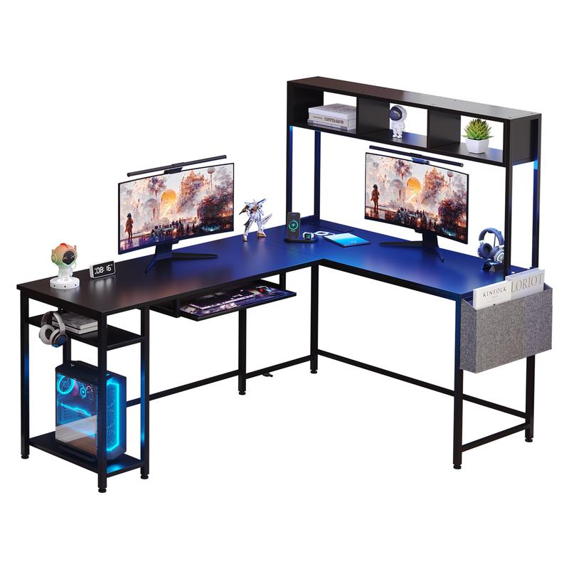 Walsunny Small L Shaped Gaming Desk with LED Lights & Power Outlets, Reversible L-Shaped Computer Desk with Monitor Stand & Storage Shelf