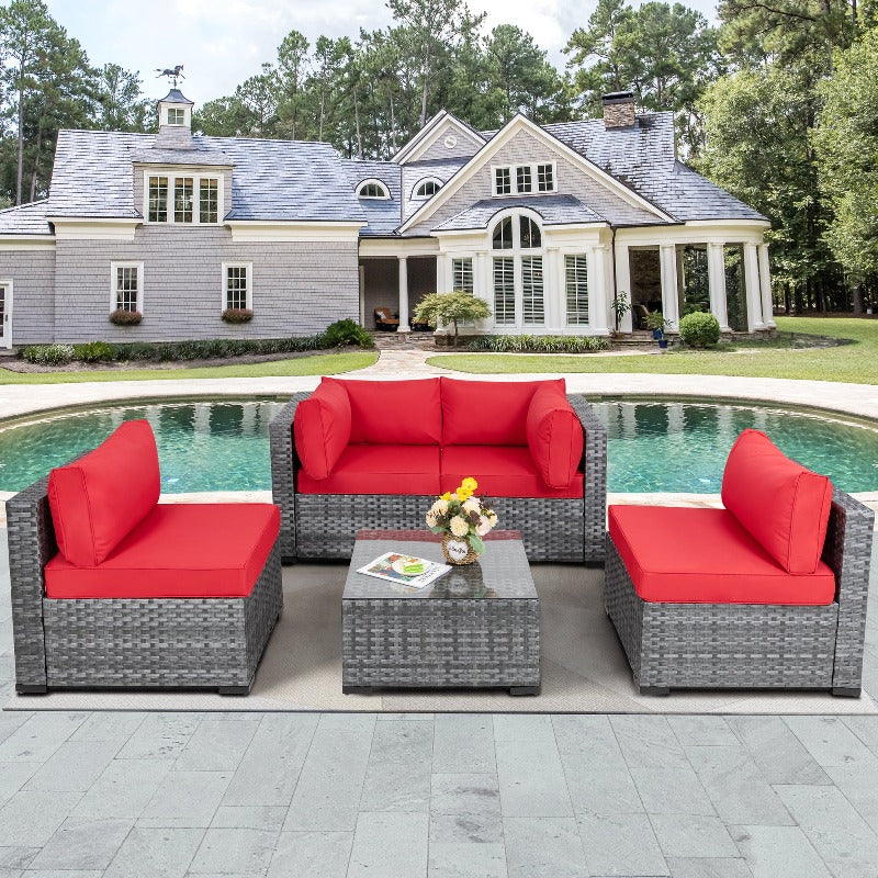 Walsunny Patio Furniture 5 Pieces Outdoor Sectional Sofa Set, Silver Wicker#color_red