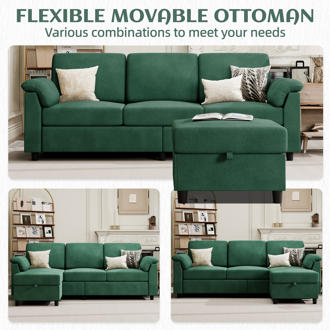 Walsunny 3 Seat L-Shaped Sectional Sofa With Movable Ottoman#color_green