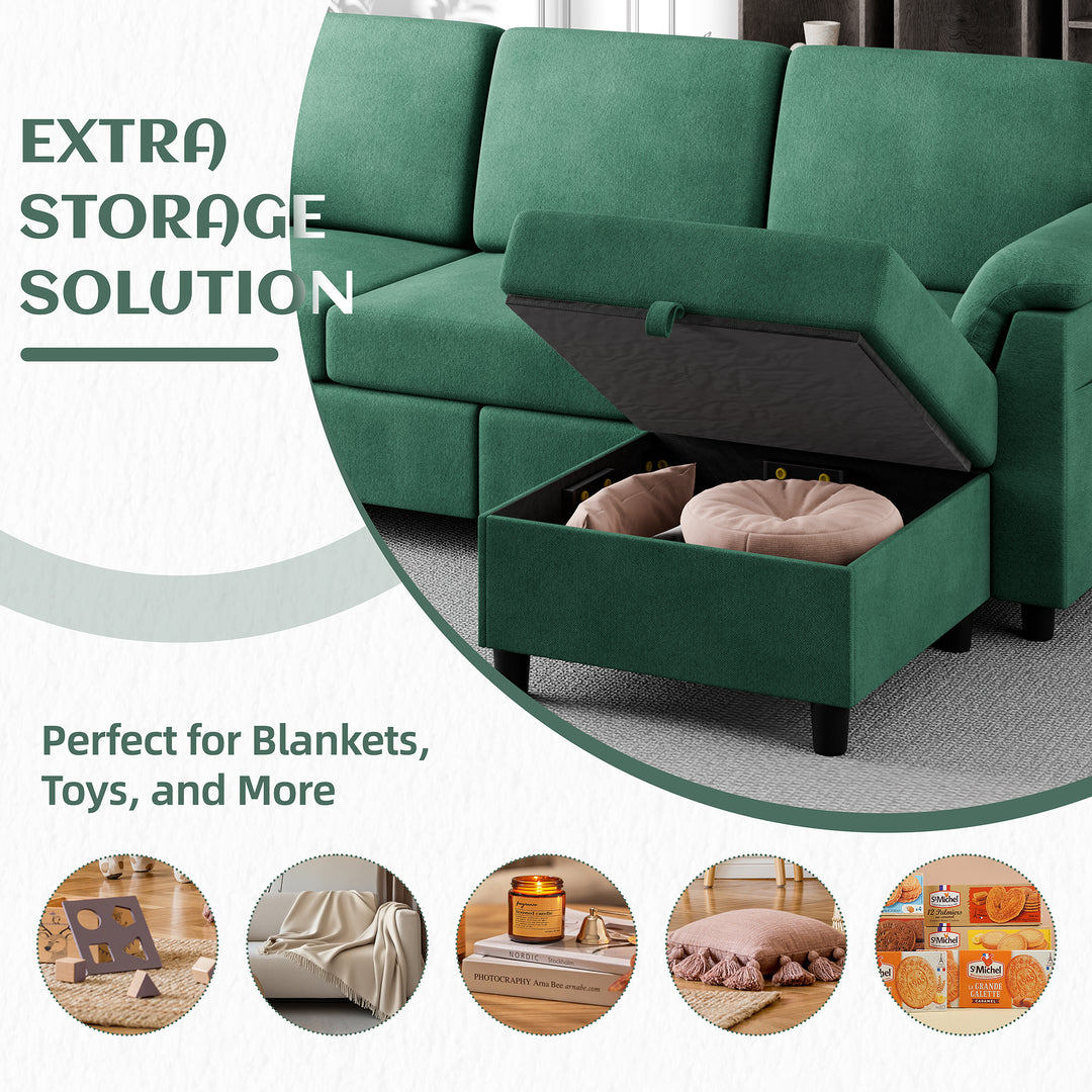 Walsunny 3 Seat L-Shaped Sectional Sofa With Movable Ottoman#color_green