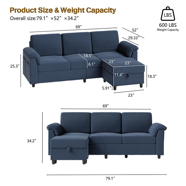 Walsunny 3 Seat L-Shaped Sectional Sofa With Movable Ottoman#color_blue