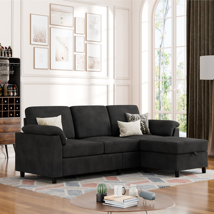 Walsunny 3 Seat L-Shaped Sectional Sofa With Movable Ottoman#color_black