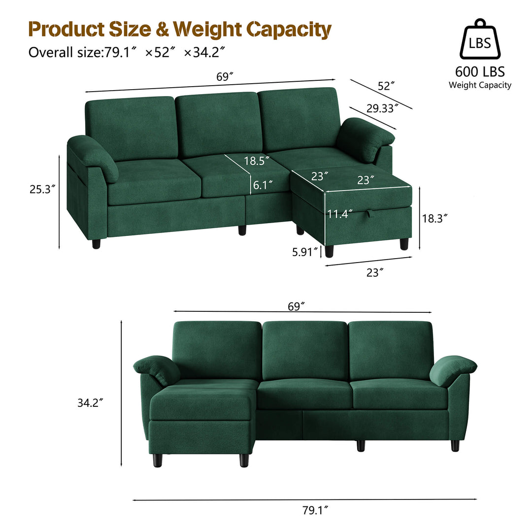 Walsunny 3 Seat L-Shaped Sectional Sofa With Movable Ottoman#color_green