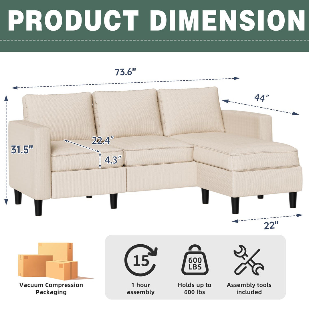 Walsunny 3-Seat L Shaped Sectional Sofa Couch with Modern Linen Fabric for Small Space