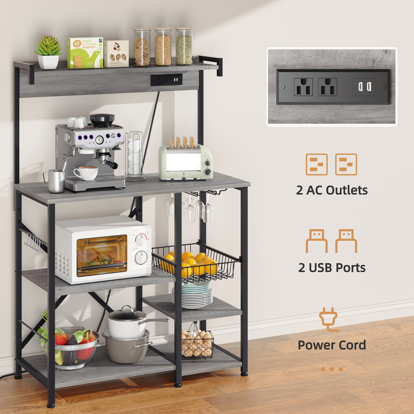 Walsunny Kitchen Bakers Rack with Power Outlet, Coffee Bar Table 4 Tiers