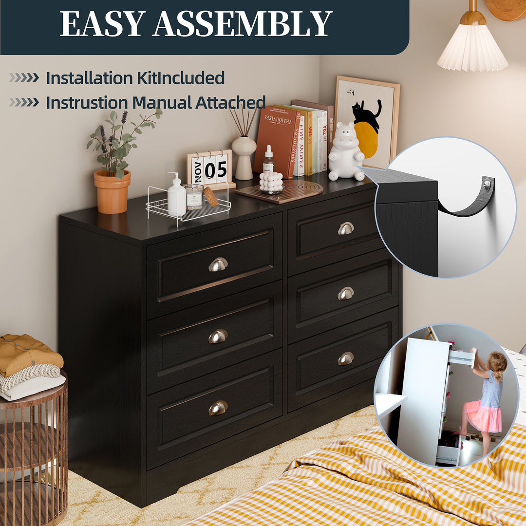 Walsunny 9 Drawer Double Dresser Black Wooden Wide Chest of Drawers with Metal Handles Storage Organizer Dresser Nursery Dresser for Living Room Hallway