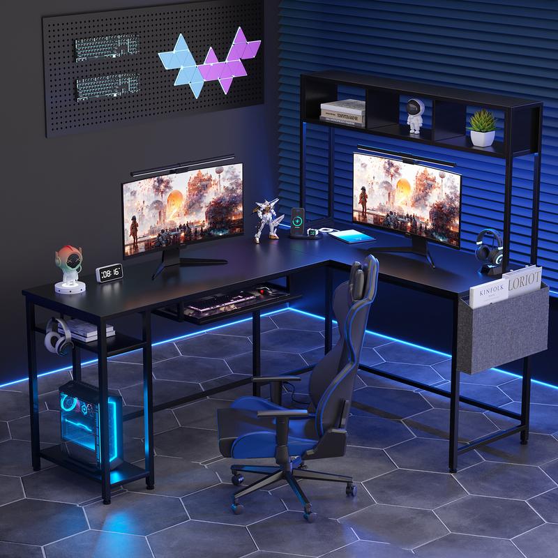 Walsunny Small L Shaped Gaming Desk with LED Lights & Power Outlets, Reversible L-Shaped Computer Desk with Monitor Stand & Storage Shelf