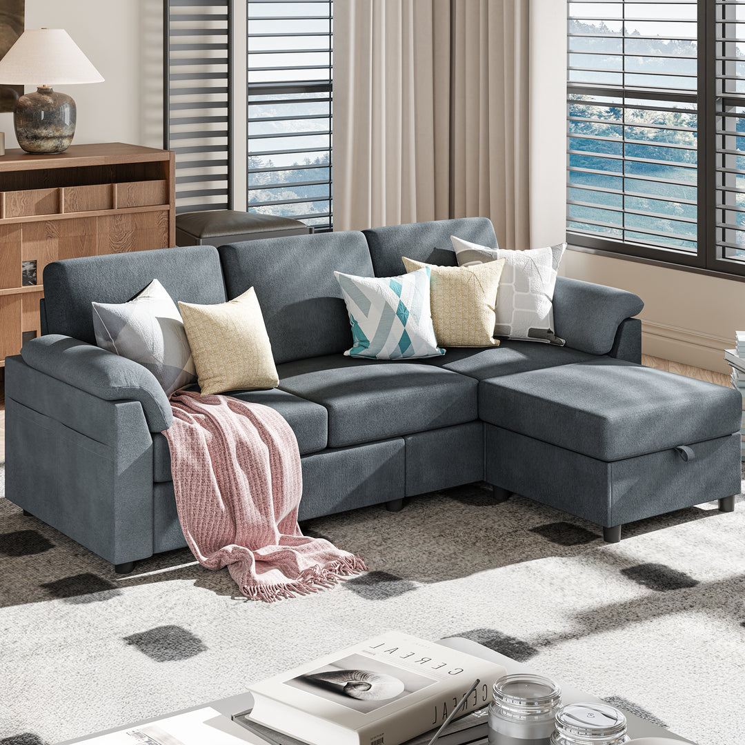 Walsunny 3 Seat L-Shaped Sectional Sofa With Movable Ottoman#color_dark-grey