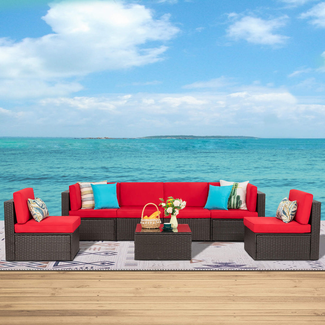 Walsunny Patio Furniture 7 Pieces PE Wicker Outdoor Sectional Sofa Set