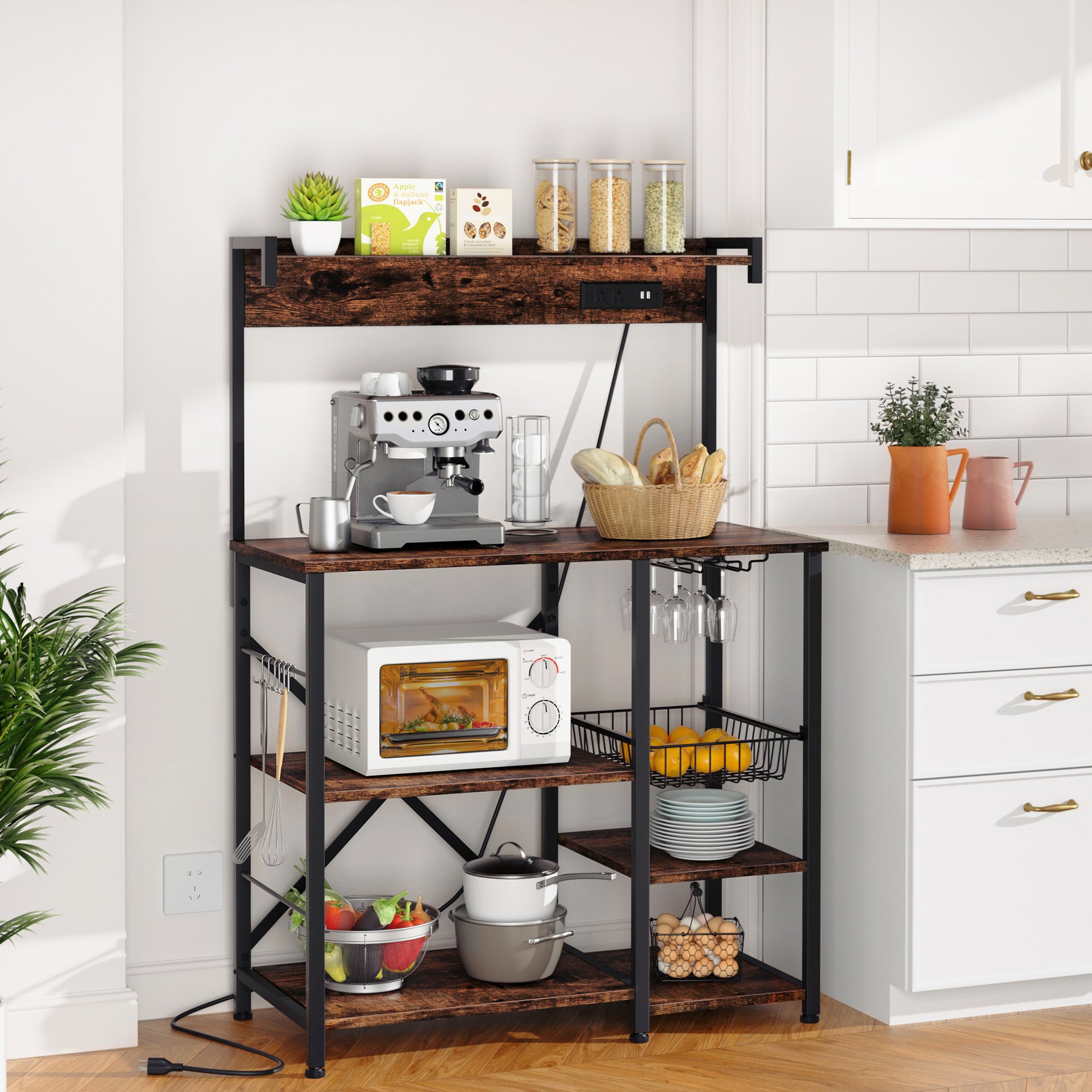 Walsunny Kitchen Bakers Rack with Power Outlet, Coffee Bar Table 4 Tie