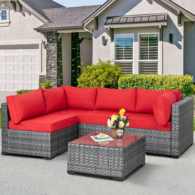 Walsunny Patio Furniture 5 Pieces Outdoor Sectional Sofa Set, Silver Wicker#color_red