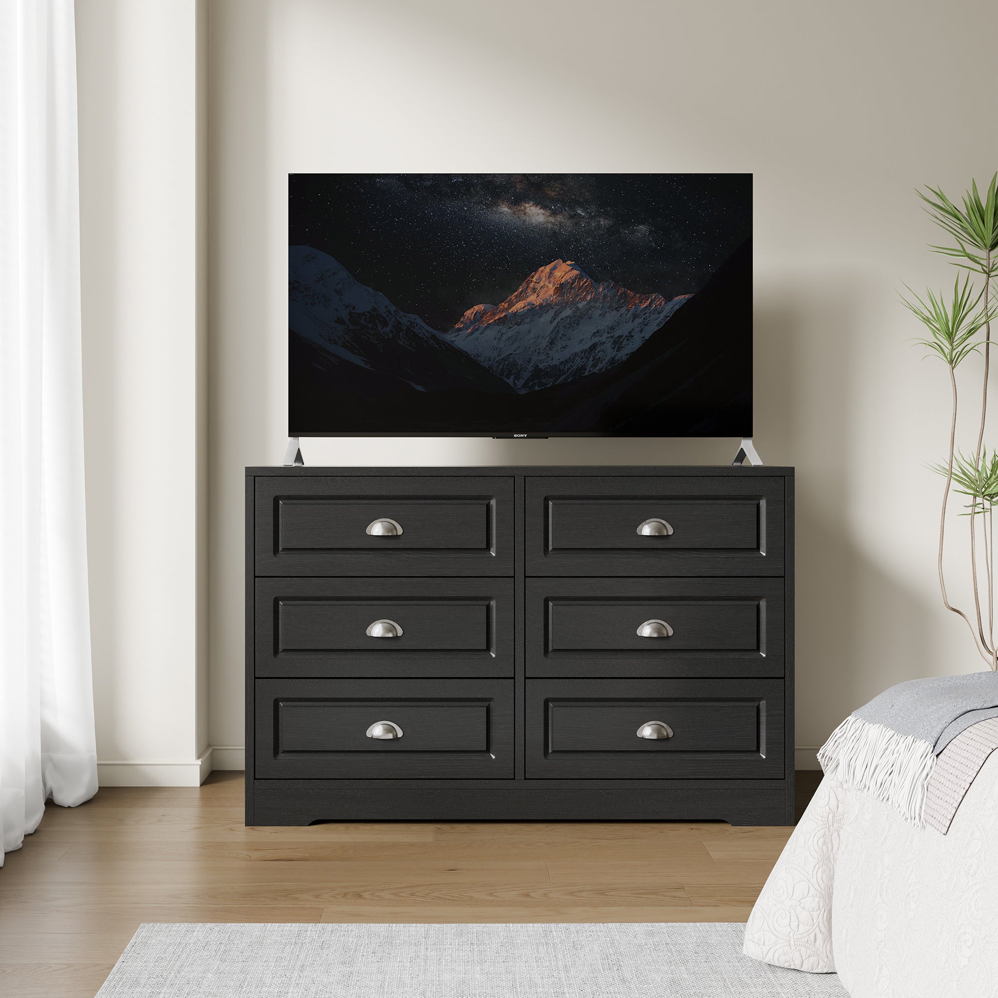Walsunny 9 Drawer Double Dresser Black Wooden Wide Chest of